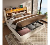 HOXINBLY Letto matrimoniale con contenitore 160x200 cm, Letto imbottito con illuminazione a LED e USB-C, testiera con ripiano e vano contenitore, tessuto di lino, Beige (materasso non incluso)