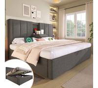 HOXINBLY Letto matrimoniale imbottito 180x200 cm con portabicchiere e stazione di ricarica a scomparsa, letto idraulico con vano contenitore sottostante, lino grigio (senza materasso)
