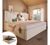 HOXINBLY Letto matrimoniale imbottito 180x200 cm con portabicchiere e stazione di ricarica a scomparsa, letto idraulico con vano contenitore sottostante, lino beige (senza materasso)