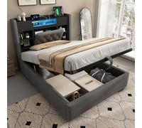 HOXINBLY Letto singolo con contenitore 90x200 cm, Letto imbottito con illuminazione a LED e USB-C, testiera con ripiano e vano contenitore, tessuto di lino, Grigio (materasso non incluso)