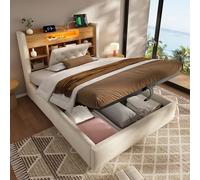 HOXINBLY Letto singolo con contenitore 90x200 cm, Letto imbottito con illuminazione a LED e USB-C, testiera con ripiano e vano contenitore, tessuto di lino, Beige (materasso non incluso)
