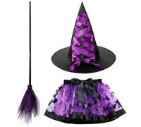 HOXSNII Costume da Strega Bambina, Halloween Costume Vestito Strega Cosplay Set con Gonna Tutù, Cappello, Scopa Vestito Stregas Halloween Bambina per Carnevale Cosplay Festa
