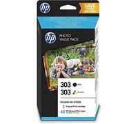 HP 303 Nero e Tricromia, Z4B62EE, Value Pack da 2 Cartucce Originali HP e 40 Fogli di Carta Fotografica HP 10x15 cm, Compatibile con Stampanti HP Envy Serie 6200, 7100, 7800, HP Tango e Tango X