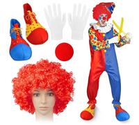 Hpbaggy 4 Pezzi Accessori Costume Clown, Costume da Pagliaccio Set per Adulti, Parrucca Riccia da Clown, Naso da Pagliaccio, Scarpe da Clown, Guanti Bianchi, per Halloween Cosplay Carnevale