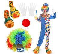Hpbaggy 4 Pezzi Accessori Costume Clown, Costume da Pagliaccio Set per Adulti, Parrucca Riccia da Clown, Naso da Pagliaccio, Scarpe da Clown, Guanti Bianchi, per Halloween Cosplay Carnevale