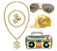 Hpbaggy 6 Pezzi Costume Hip Hop con Cappellino/Catena da Dollari/Anello Dollaro/Braccialetto Oro/Occhiali Dorati/Radio Gonfiabile,Accessori Rapper 80/90s per Carnival