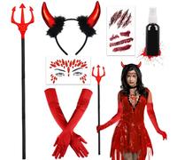 Hpbaggy Accessori Halloween Diavolo,Corna Diavolo,Guanti lunghi rossi,Diavolo Forchetta,Tatuaggi halloween,Viso Gemme Autoadesivi,Spruzzo di Sangue Finto,Per Halloween,Cosplay,Donne,Bambini