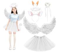 Hpbaggy Ali d Angelo,Costume da Angelo Ali Piumate per Adulti e Bambini,con Ali d'angelo bianche,Cerchietto Angelo Bianco,Bastone d'angelo,Gonna in tulle bianco,Orecchie da elfo,per Carnevale,Cosplay