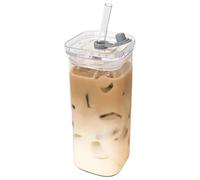 Hperu Bicchieri di vetro con coperchi e cannucce, bicchieri quadrati trasparenti portatili sicuri da 400 ml per cocktail birra soda succhi di frutta, tazza portatile