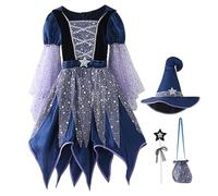 Hperu Costume da Strega per Ragazza, Abito da Strega Malvagia Brillante con Cappello, Bacchetta Magica e Sacchetto di Caramelle per Decorazioni per Feste di Halloween, 130 cm