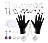 Hperu Set di aghi per piercing, kit per piercing al corpo Anelli per lingua in acciaio inossidabile Gioielli per ombelico Viola 47 pezzi