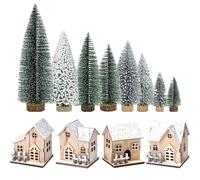 Hperu Set Villaggio di Natale 12 Pezzi Set 4 Case di Natale con Il Tetto di Biancaneve con 8 Pezzi Alberi Case di Villaggio Illuminate Decorazioni Rustiche di per La Sala da Pranzo di Casa