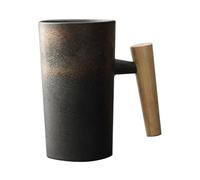 Hperu Tazza da caffè con manico in legno 220 ml ergonomica squisita gres tazze vintage home office tazza in ceramica per tè bevande acqua, colore vetri dorati