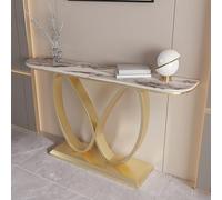 HPIRFYE Consolle decorativa moderna per ingresso, tavolo d’accento con doppio anello infinito e piano in pietra sinterizzata, base metallica robusta, per soggiorno o foyer(Brown+gold,80cm)