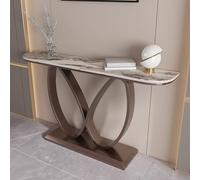 HPIRFYE Consolle decorativa moderna per ingresso, tavolo d’accento con doppio anello infinito e piano in pietra sinterizzata, base metallica robusta, per soggiorno o foyer(Brown+brass,120cm)