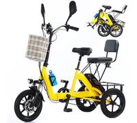 HpLNDas Triciclo Elettrico Pieghevole per Adulti, Triciclo Elettrico A Tre Ruote da 14 Pollici con Sedile Passeggero/Cestino Grande, Batteria al Litio da 48 V 10 Ah, Carico Massimo: 180 kg,Yellow