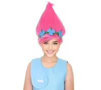HPO HALLOWEEN PARTY ONLINE Parrucca a punta vibrante da principessa Troll rosa con corona floreale verde e blu per, design universale fibra ignifuga