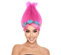 HPO HALLOWEEN PARTY ONLINE Parrucca a punta vibrante da principessa Troll rosa con corona floreale verde e blu per adulti, design universale in fibra ignifuga