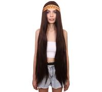 HPO HALLOWEEN PARTY ONLINE Parrucca da donna lunga grigia hippie con fascia colorata - Boho 60-70 per costume retrò, cosplay, Halloween o feste a tema, colore: marrone