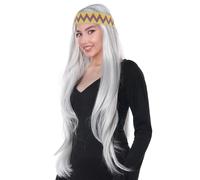 HPO HALLOWEEN PARTY ONLINE Parrucca da donna lunga, grigia, hippie, con fascia colorata, stile boho, anni '60 e '70, per costume retrò, cosplay, Halloween o feste a tema