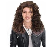 HPO HALLOWEEN PARTY ONLINE Parrucca hippie da uomo, capelli lunghi ondulati, in mogano marrone, con fascia per capelli, stile retrò, anni '60 e '70, costume per Halloween, cosplay, feste