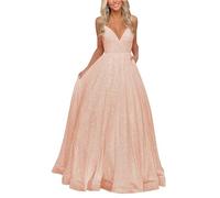 HPPEE Abiti da ballo con paillettes scintillanti per adolescenti con tasche una linea con scollo a V abito lungo con spalline sottili, Oro rosa, 50