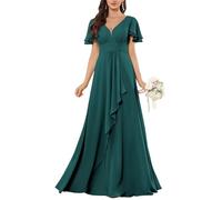 HPPEE Abiti da damigella d'onore in chiffon con scollo a V con maniche svolazzanti per le donne increspato una linea abito da sera formale da damigella d'onore, Foglia di t, 46