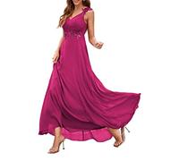 HPPEE Abiti da damigella d'onore in chiffon e pizzo con applicazione a V profonda, lunghezza al pavimento, abito da cameriera d'onore fluente con tasche e spacco, Fucsia, 50
