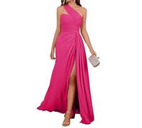 HPPEE Abiti da damigella d'onore in raso monospalla per le donne con spacco plissettato chiffon lungo abito formale, Rosa acceso, 38