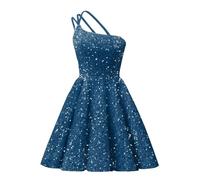 HPPEE Abiti da donna monospalla con paillettes per ritorno a casa per adolescenti senza maniche lunghezza al ginocchio abito da cocktail party, Blu polvere., 48