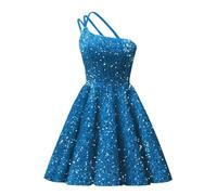 HPPEE Abiti da donna monospalla con paillettes per ritorno a casa per adolescenti senza maniche lunghezza al ginocchio abito da cocktail party, Blu, 40