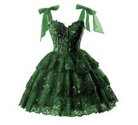 HPPEE Abito da ballo con paillettes scintillanti per adolescenti con applique in pizzo lunghezza al ginocchio abito da cocktail party abito da ballo, Verde smeraldo, 40