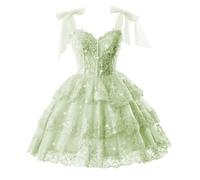 HPPEE Abito da ballo con paillettes scintillanti per adolescenti con applique in pizzo lunghezza al ginocchio abito da cocktail party abito da ballo, Verde salvia, 54 Più