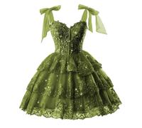 HPPEE Abito da ballo con paillettes scintillanti per adolescenti con applique in pizzo lunghezza al ginocchio abito da cocktail party abito da ballo, Verde oliva, 46