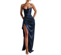 HPPEE Abito da ballo da donna, in raso, con spacco, plissettato, senza maniche, lungo, abito da sera, con spalline sottili, blu navy, 40