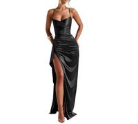 HPPEE Abito da ballo da donna, in raso, con spacco, plissettato, senza maniche, lungo, abito da sera, con spalline sottili, Nero , 54 Più