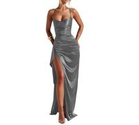 HPPEE Abito da ballo da donna, in raso, con spacco, plissettato, senza maniche, lungo, abito da sera, con spalline sottili, Grigio, 58 Più