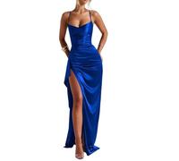 HPPEE Abito da ballo da donna, in raso, con spacco, plissettato, senza maniche, lungo, abito da sera, con spalline sottili, Blu reale, 48