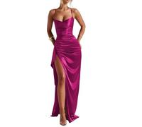 HPPEE Abito da ballo da donna, in raso, con spacco, plissettato, senza maniche, lungo, abito da sera, con spalline sottili, Fucsia, 40
