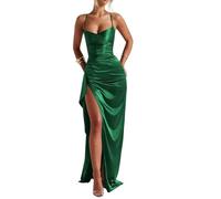 HPPEE Abito da ballo da donna, in raso, con spacco, plissettato, senza maniche, lungo, abito da sera, con spalline sottili, Verde smeraldo, 46