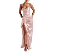 HPPEE Abito da ballo da donna, in raso, con spacco, plissettato, senza maniche, lungo, abito da sera, con spalline sottili, Rosa cipria, 62 Più