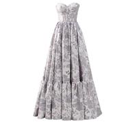 HPPEE Abito da ballo da donna in raso floreale jacquard senza spalline abito da sera lungo una linea cocktail party dress, Argento, 48
