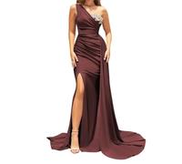 HPPEE Abito da Damigella da Sirena ad una Spalla Lungo in Satin da Sera con Increspature e Apertura, Abito da Matrimonio WYX556, Borgogna, 44