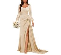 HPPEE Abito da damigella d'onore a maniche lunghe da donna con spacco plissettato a sirena in raso abito da ballo formale, Champagne, 44