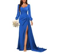 HPPEE Abito da damigella d'onore a maniche lunghe da donna con spacco plissettato a sirena in raso abito da ballo formale, Blu reale, 46