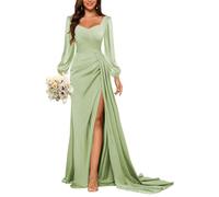 HPPEE Abito da damigella d'onore a maniche lunghe da donna con spacco plissettato a sirena in raso abito da ballo formale, Verde salvia, 40