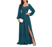 HPPEE Abito da damigella d'onore a maniche lunghe da donna per matrimonio pieghettato una linea in chiffon abito formale con spacco, Pavone, 48