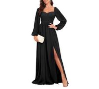 HPPEE Abito da damigella d'onore a maniche lunghe da donna per matrimonio pieghettato una linea in chiffon abito formale con spacco, Nero , 48