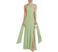 HPPEE Abito da damigella d'onore da donna con spacco, senza maniche, lunghezza fino al pavimento, in raso, abito da ballo formale, Verde salvia, 46