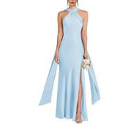 HPPEE Abito da damigella d'onore da donna con spacco, senza maniche, lunghezza fino al pavimento, in raso, abito da ballo formale, blu cielo, 52 Più